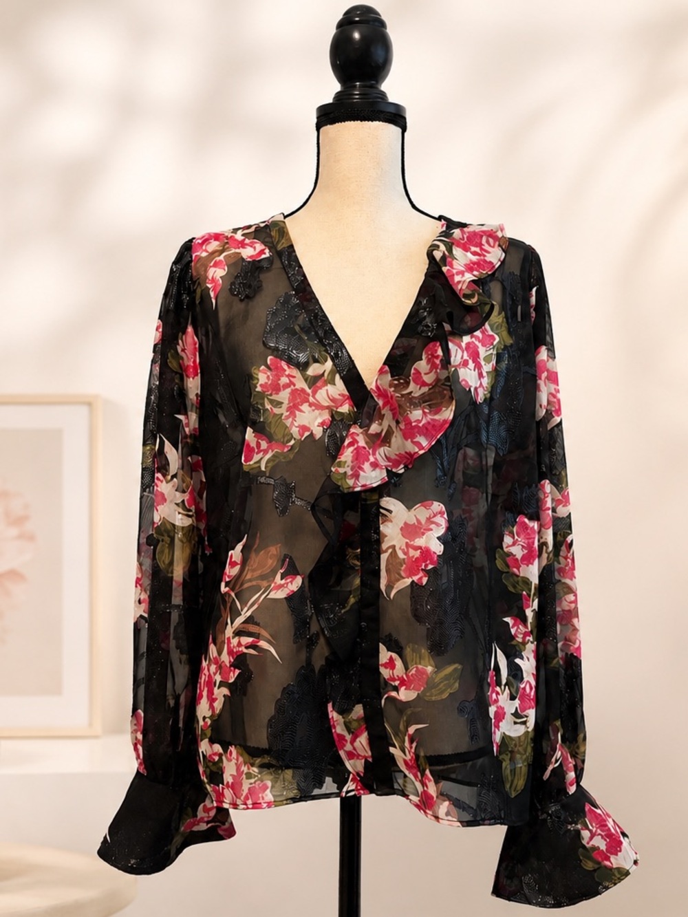 WHBM • Sheer Metallic Clip Ruffle Blouse • Black Floral V-Neck Blouse • Size XL